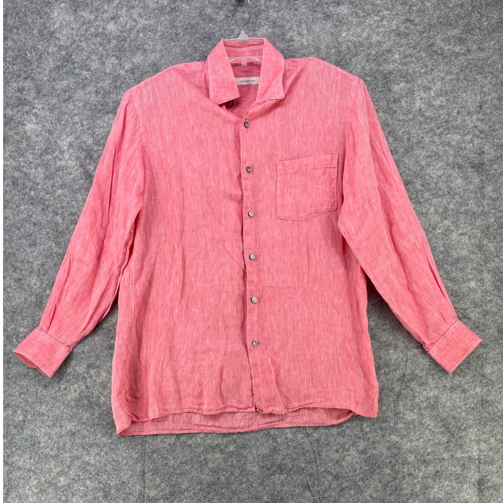 Ermenegildo Zegna 100%‎ Linen Shirt Button Down Men Medium Pink Wedding Beach